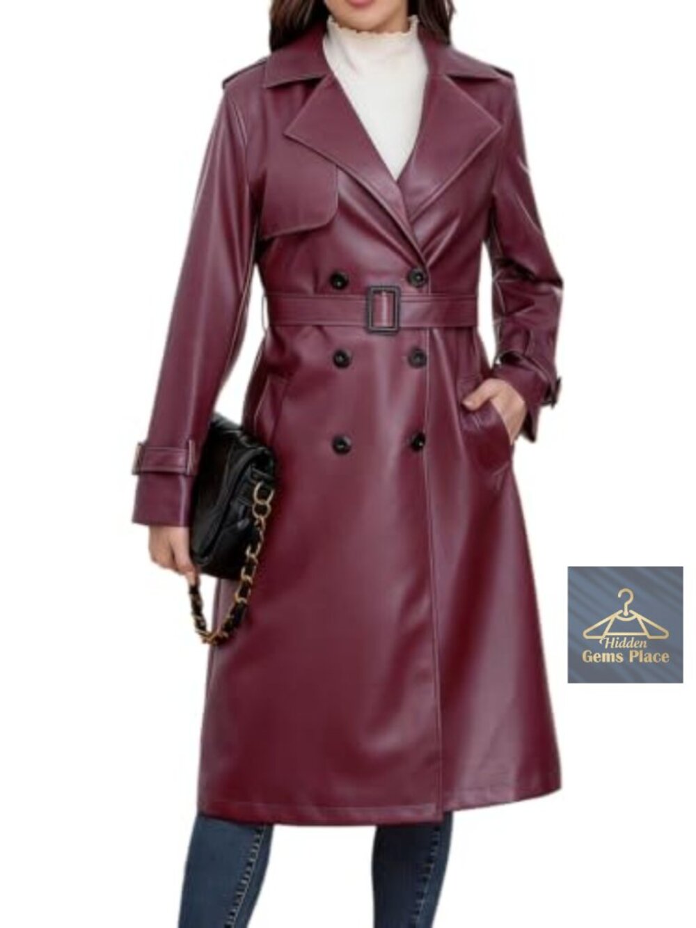 Women's Long Faux Leather Trench Coat Double Breasted Belted Jacket